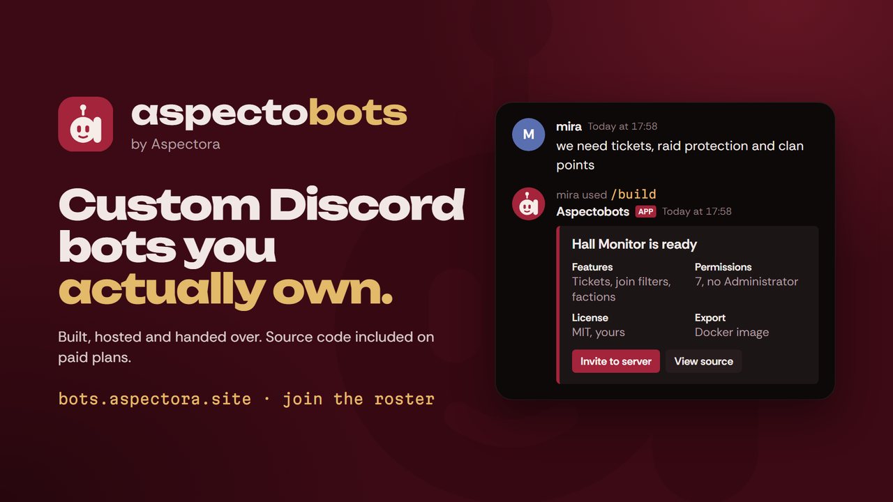 Invite splash: the Aspectobots bot in its headset on a dark maroon backdrop